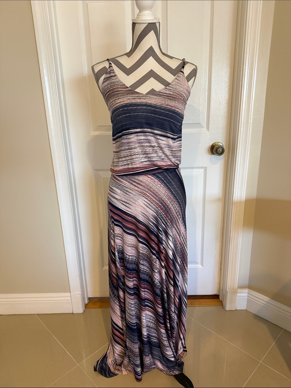 Veronica M Striped V-Neck Maxi Dress in Navy and Blush